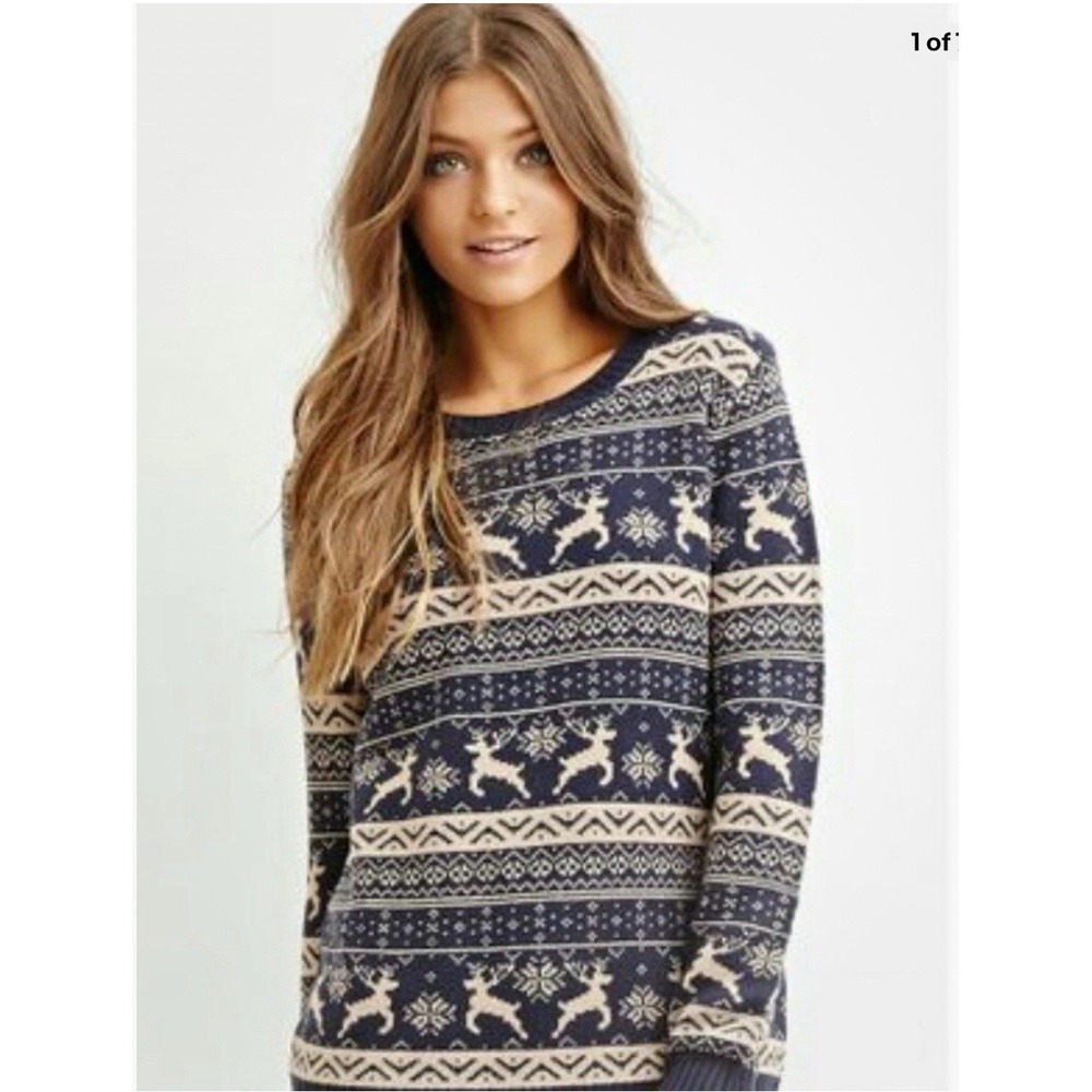 Forever 21‎ Reindeer Knit Sweater Fair Isle Womens S Scandi Cozy Nordic Holiday